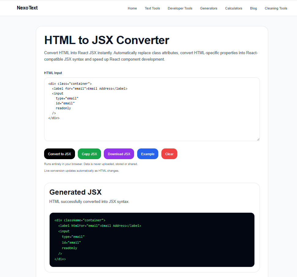 NexoText HTML to JSX Converter showing HTML input and generated JSX output