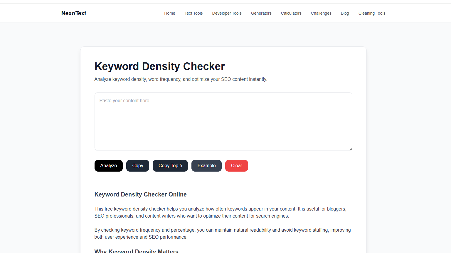 NexoText Keyword Density Checker tool showing keyword percentage breakdown