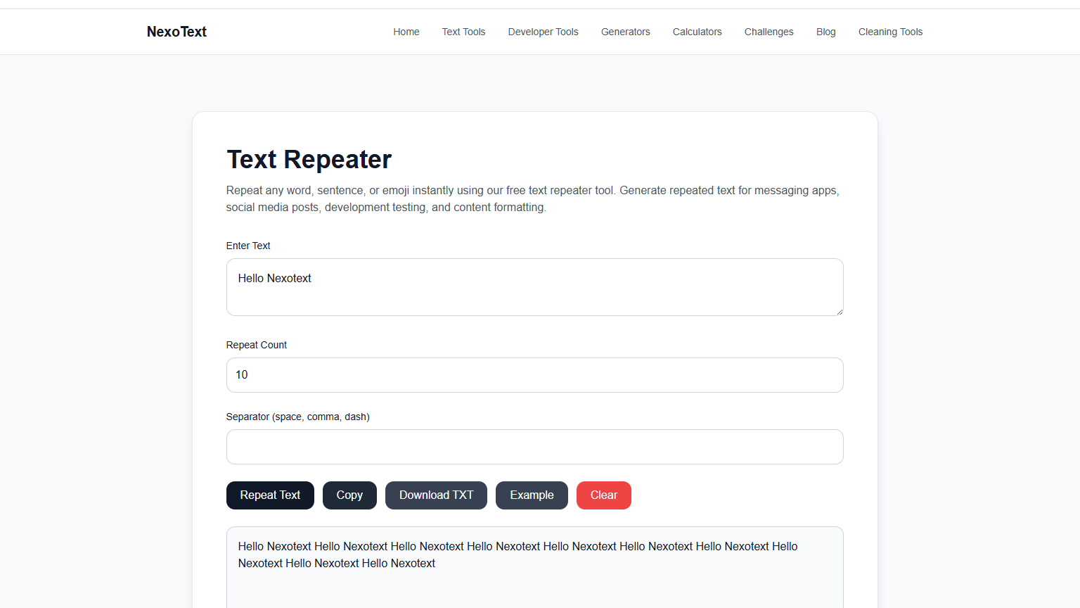 NexoText Text Repeater tool interface showing input, repeat count, and generated output